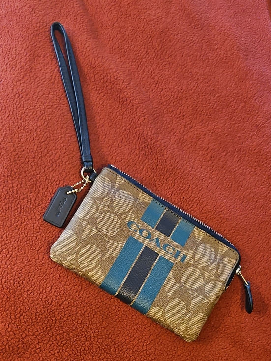 Coach Handbags - Coach Tan Signature Wristlet with Blue & Teal Green Stripes